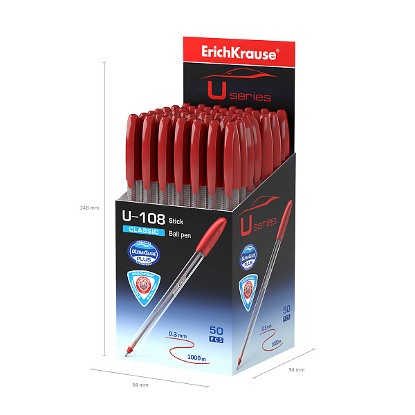 Ручка шариковая ErichKrause® U-108 Classic Stick 1.0, Ultra Glide Technology, цвет чернил красный (в коробке по 50 шт.)