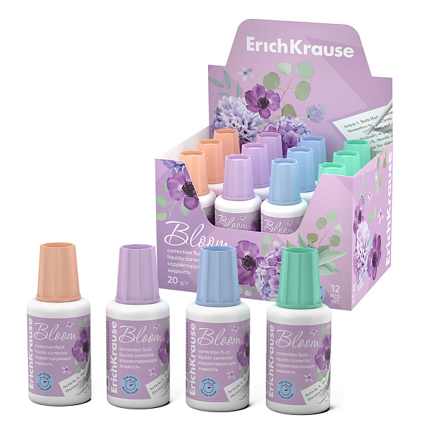 Корректир. жидкость 20 г с кисточкой ErichKrause Pastel Bloom, ассорти (в картонном дисплее по 12 шт.)