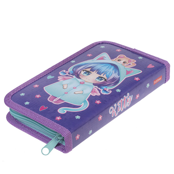 Пенал 1секц. д/дев. 190*115 Hatber "Девочка-кошка" на молнии, глянц. ламин. с табл.умножения  в индив.упак.