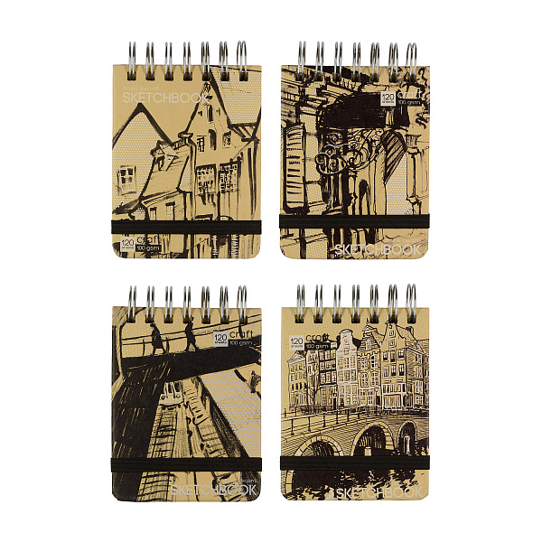 SKETCHBOOK BV, 100х130 мм, 120Л, КРАФТ 100 гр. НА ГРЕБНЕ (4 ВИДА)