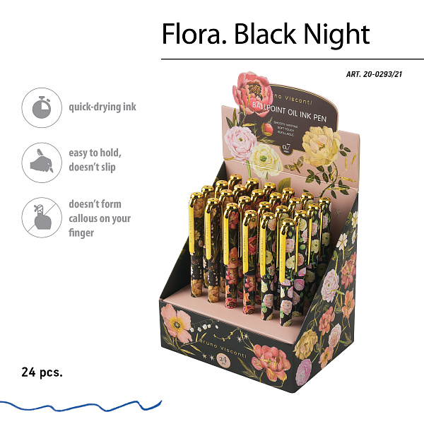 Ручка шариковая 0,7 мм "FLORA. BLACK NIGHT" МАСЛО, СИНЯЯ