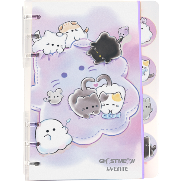 Блокнот "deVENTE. Ghost Meow" B6 40 л. в лин. пластиковая обложка на 6-ти пластиковых кольцах, белая бумага 80 г/м² 4 картонных фигурных разделителя с цветной печатью, цветная печать, вертикальная резинка, в пластиковом пакете