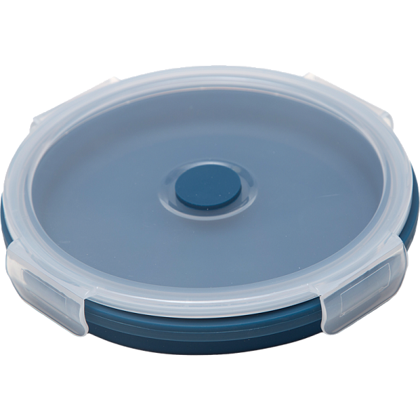 Ланчбокс складной герметичный "deVENTE" жтемно-синий, круглый, 850 мл, диаметр 16 см, высота 7 см, в сложенном виде высота 2,5 см, силиконовый, с пластиковой крышкой, с отвестием вентиляции и силиконовой заглушкой
