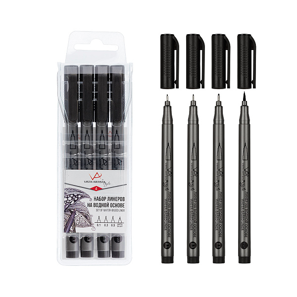 Набор линеров на водной основе "VISTA-ARTISTA" Style  4 шт. ассорти мм 0.1, 0.3, 0.5 мм, Brush - 1 мм