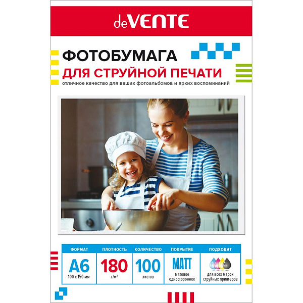 Фотобумага для струйной печати "deVENTE" A6 (10x15 см), 100 л, 180 г/м², матовая односторонняя, в пластиковом пакете с европодвесом