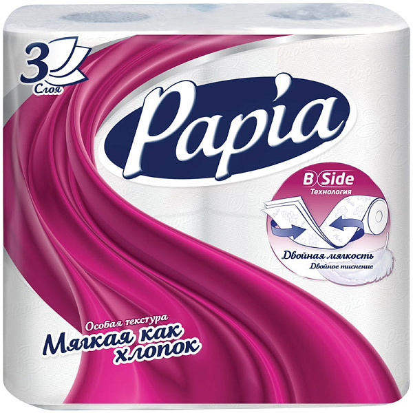 Бумага туалетная "PAPIA" 3-сл., 4 шт. белая