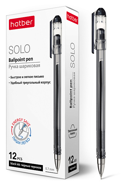 Ручка шариковая 0,7 мм Hatber Solo Черная игольч.пишущ.узел чернила soft ink трехгран.корпус 12шт. в картонной коробке