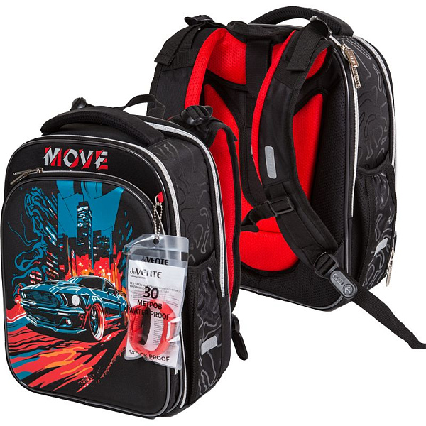 Рюкзак школьный "deVENTE. Premier. MOVE" жесткий 37x28x18 см (17 л) вес 1000 г, 2 отд. на молнии для формата A4, 1 передний карман с органайзером, 2 боковых кармана сеточкой на резинке, эргономичная формоустойчивая вентилируемая спинка (евросетка) и 