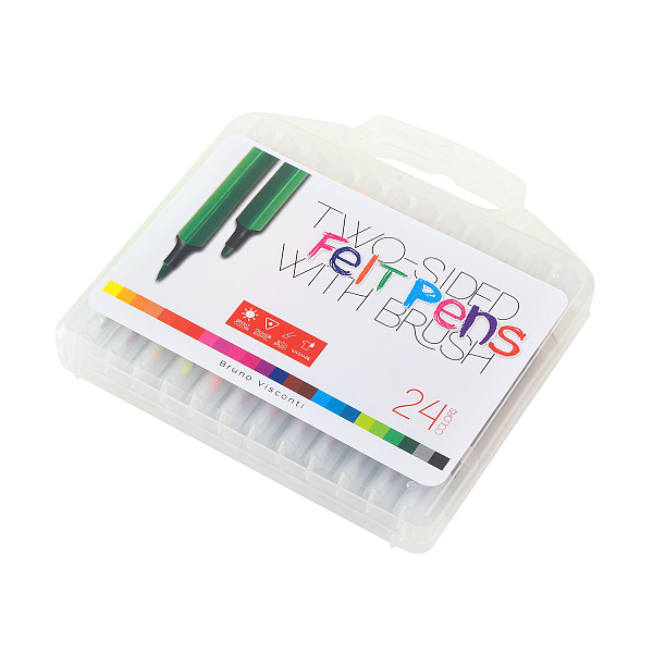 Фломастеры  кистевидные ДВУСТОРОННИЕ "BRIGHT COLORS" 24 ЦВ.  В ПЛАСТИКОВОМ ПЕНАЛЕ