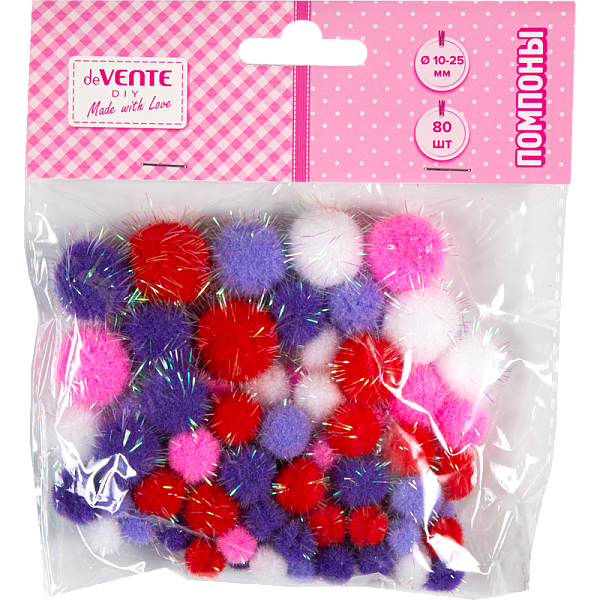 Набор помпонов для творчества "deVENTE. DIY" 80 шт, с блестками ассорти (10 мм - 40 шт, 13 мм - 21 шт, 20 мм - 10 шт, 25 мм - 9 шт) в пластиковом пакете с блистерным подвесом, малиновые цвета ассорти
