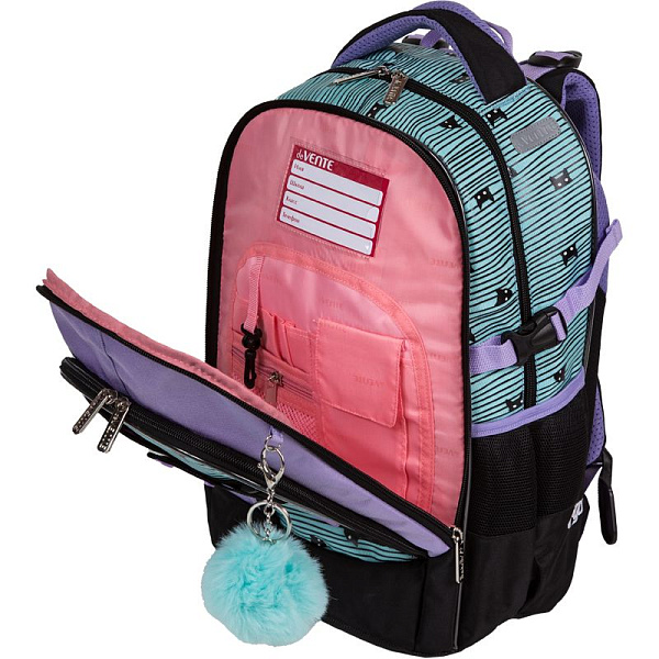 Рюкзак "deVENTE. Ergo. Super Cats" школьный 39x28x20 см (18 л) 850 г, текстильный, 2 отделения на молнии, одно с уплотненным отделением для ноутбука до 15 дюймов и книг и карманом для учебников, второе с органайзером и карабином для ключей, передний 