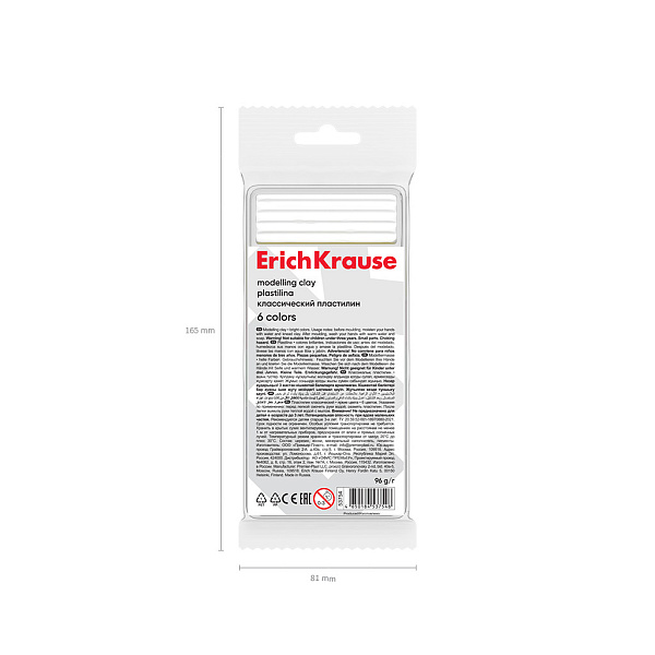 Пластилин 6 цв. классический ErichKrause light 96 г (во флоупаке с европодвесом 6 шт)