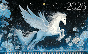 Календарь 2026 3-х блоч. на 3-х гребнях ЭЛИТ Год Лошади 320х790мм бум. Офсет. 2-х цв. блок с бегунком цветная подложка мат.ламин. 3D фольга в инд.упак.с европодвесом