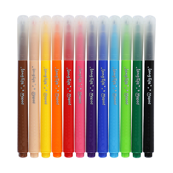Фломастеры 12 цв. Maped COLOR'PEPS LONG LIFEс повышенной устойчивостью к высыханию, с декорированным корпусом, заблокированный пишущий узел, суперсмываемые, в картонной коробке с подвесом