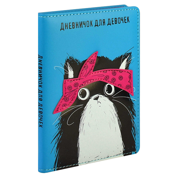 Дневничок д/девочек А6+ 96 л. "ХИП ХОП КОМАНДА" "КОТ" (126х174 мм, тв. переплёт с поролоном, ниткошвейный, аппликация из искусственной кожи, шелкография в две краски, белый
