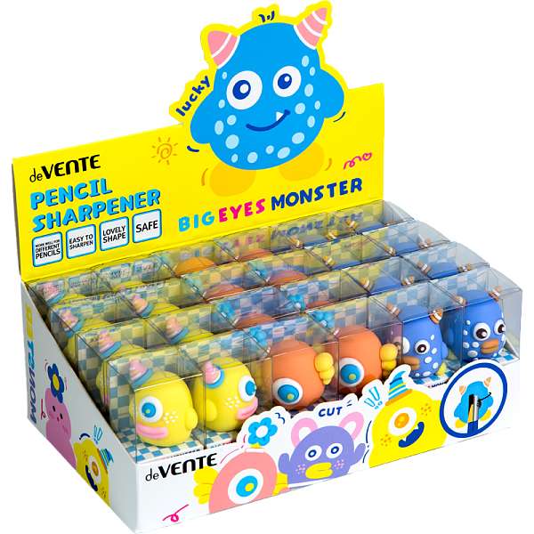 Точилка 1 отв. deVENTE. Big Eyes Monster, 30x37x28 мм, пластиковая с покрытием Soft Touch,ассорти 3 