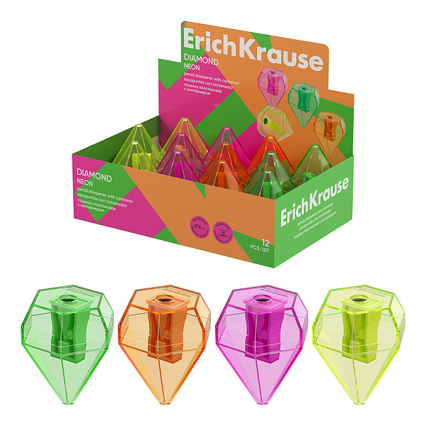 Точилка 1 отв. ErichKrause Diamond, Neon, пластиковая, с контейнером, ассорти (в коробке-дисплее по 12 шт)
