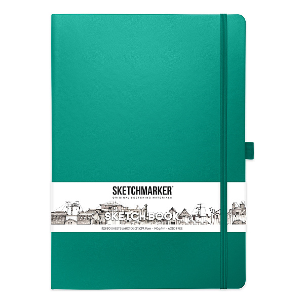 Блокнот для зарисовок Sketchmarker 140г/кв.м 21*30см 80л твердая обложка Изумрудный