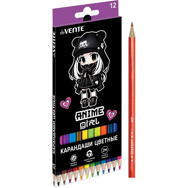 Карандаши 12 цв. "deVENTE. Anime Girl",2М, диаметр грифеля 2,8 мм, шестигранные, в картон.короб
