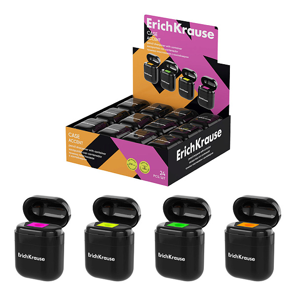 Точилка 1 отв. ErichKrause Case, Accent, пластиковая, с контейнером, ассорти (в коробке-дисплее по 24 шт)
