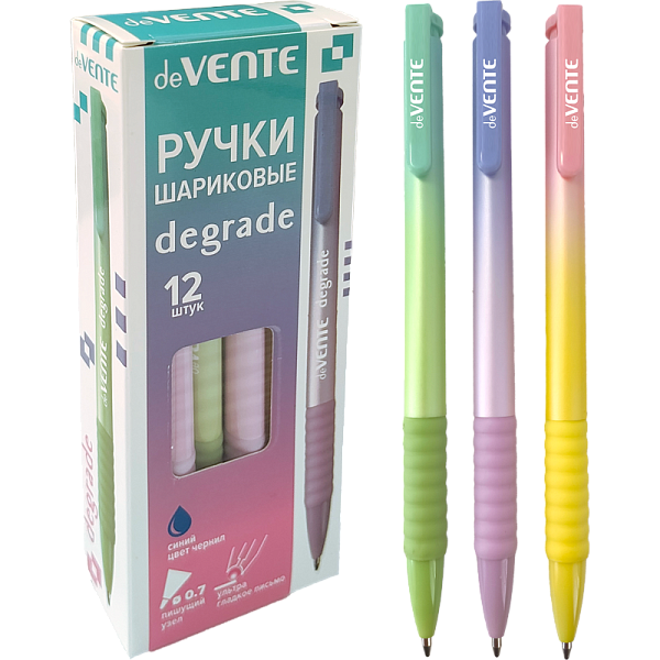 Ручка шариковая автомат. 0,7 мм "deVENTE. Degrade" ультра гладкое письмо, чернила на масляной основе, цветной круглый корпус с каучуковым держателем, цвета корпуса ассорти, сменный стержень, индивидуальная маркировка, в картонной коробке