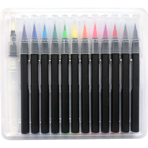 Маркеры акварельные "deVENTE" 12 цв. +1 кисть Water Brush, наконечник-кисть из нейлона, ширина линии письма от 0,5 мм до 4 мм, круглый корпус, акварельные чернила на водной основе, в пластиковой коробке