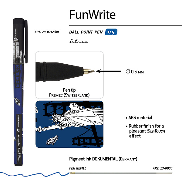 Ручка шариковая 0,5 мм "FunWrite. Романтическое путешествие. Нью-Йорк" СИНЯЯ