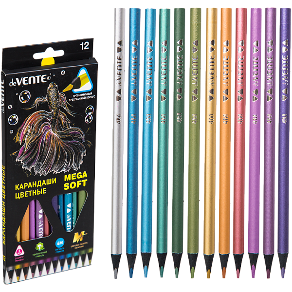 Карандаши 12 цв. "deVENTE. Trio Mega Soft Metallic" 3М д/ рис. на черной бумаге, трехгранный