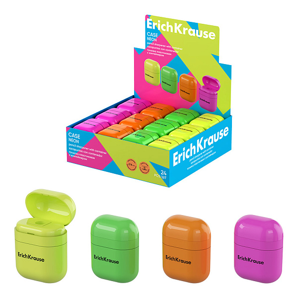 Точилка 1 отв. ErichKrause Case, Neon, пластиковая, с контейнером, ассорти (в коробке-дисплее по 24 шт)