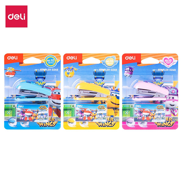 Степлер на 12 л. №24/6 26/6 Deli  Super Wings ассорти 40скоб металл/пластик блистер