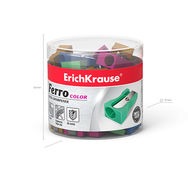 Точилка металлическая ErichKrause Ferro Color, 1 отв. ассорти (в тубусе по 48 шт)