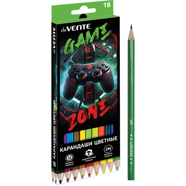 Карандаши 18 цв. "deVENTE. Gamer" 2М, диаметр грифеля 2,8 мм, шестигранные