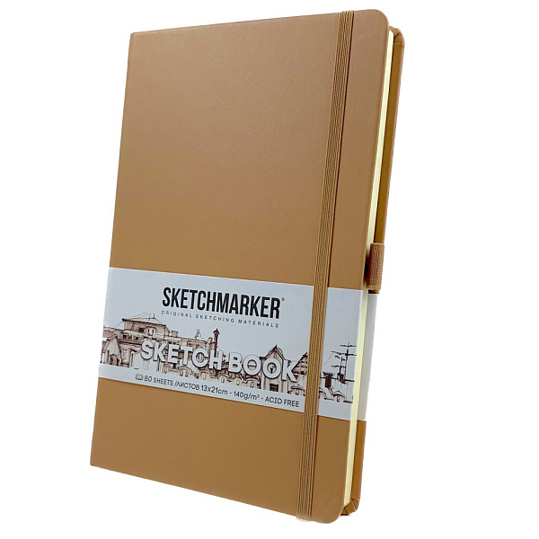 Скетчбук для зарисовок Sketchmarker, капучино, тв. обложка с резинкой, 140 г/м, 13x21  см, 80 л. бумага слоновая кость