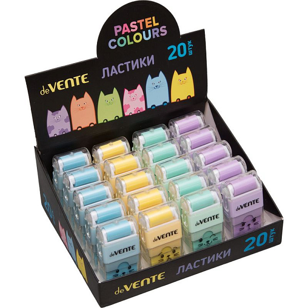 Ластик "deVENTE. Kitty" синтетический (ECO-PVC), ассорти 4 цвета, с роликом для сбора крошек, 58x28x15 мм, dust-free, в пластиковом корпусе, с индивидуальной маркировкой