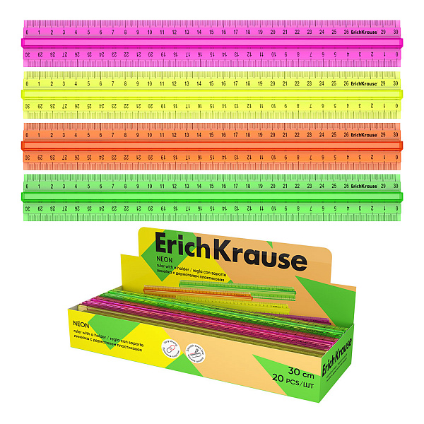Линейка 30 см с держателем ErichKrause Neon, пластиковая, ассорти (в коробке-дисплее по 20 шт)