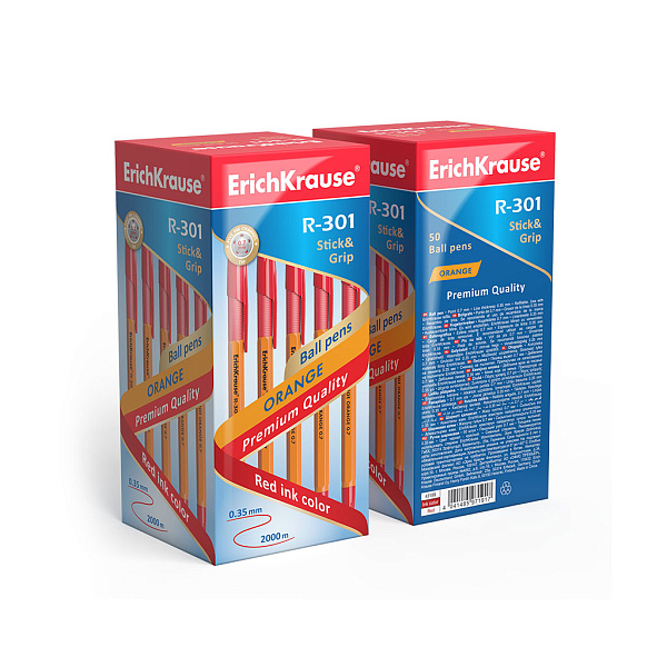 Ручка шариковая ErichKrause R-301 Stick&Grip Orange 0.7, КРАСНАЯ