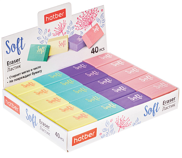 Ластик Hatber SOFT PVC  40 шт. в картонной Дисплей-витрине