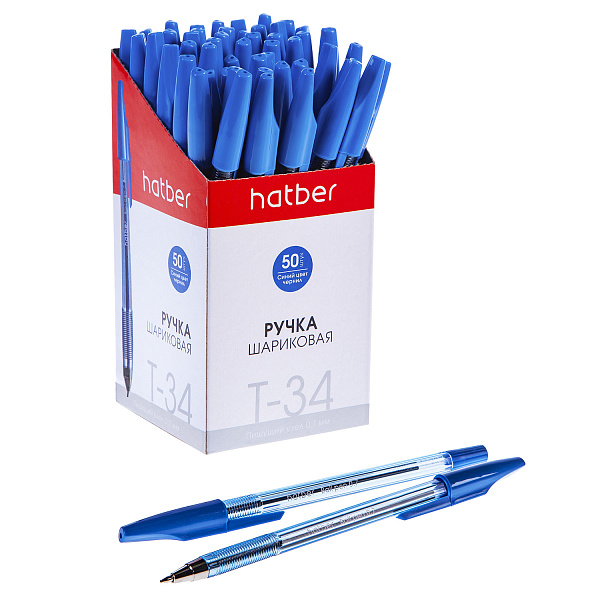 Ручка шариковая 0,7 мм Hatber T-34 Синяя, колпачек с клипом, чернила на масл.основе