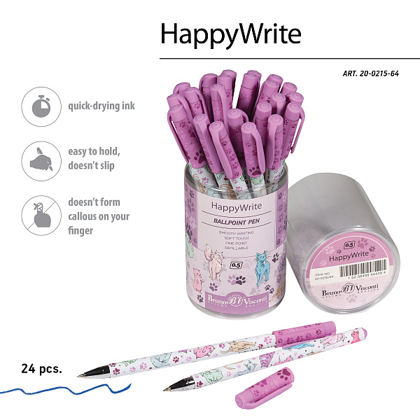 Ручка шариковая 0,5 мм HappyWrite. Кошки. СИНЯЯ