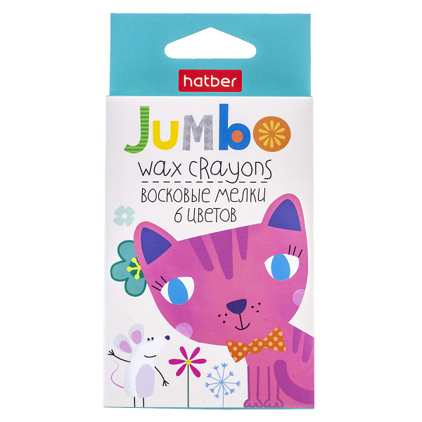 Мелки восковые 6 цв. Hatber "Котенок" JUMBO круглый корпус диаметр 11мм  в карт.кор. с европодвесом