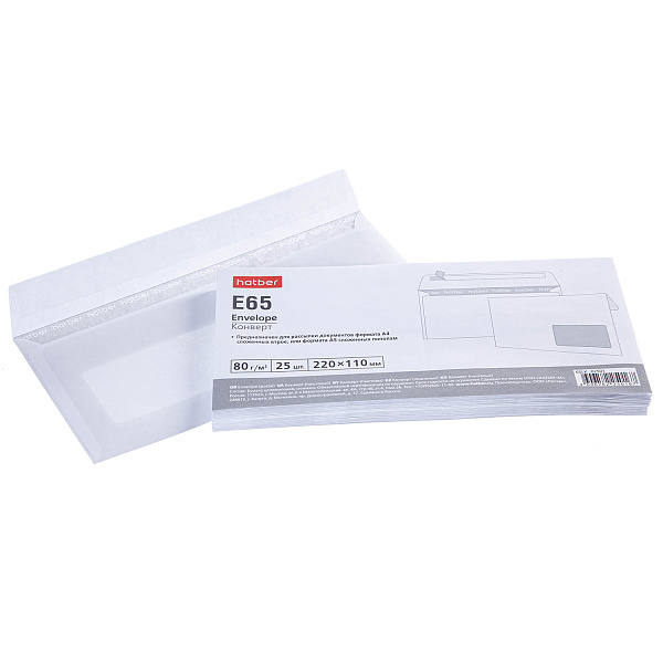 Конверт 110х220мм с правым окном с силиконовой отрывной лентой в пленке 25шт Hatber Е65 