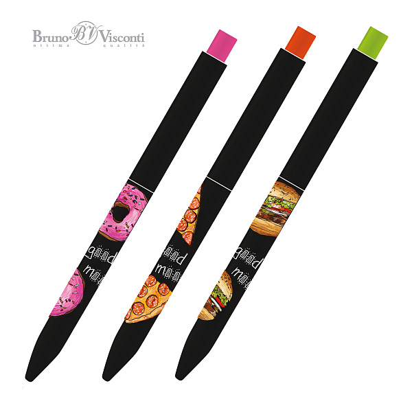 Ручка шариковая 0,7 мм "FunClick. Food in black" (3 вида), СИНЯЯ