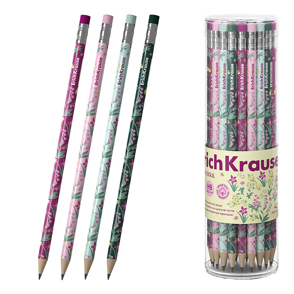 Карандаш ч/г HB ErichKrause Floral Soul, пластиковый, круглый, с ластиком, НВ (в тубусе)