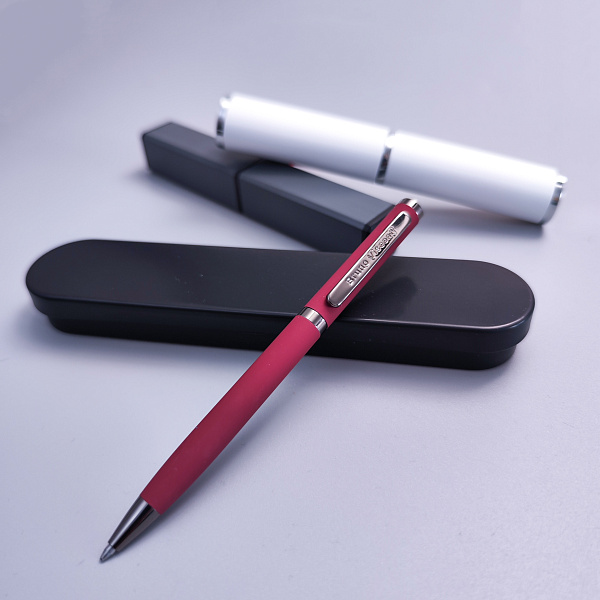 Ручка "FIRENZE" в тубусе прямоугольной формы 1.00 ММ, СИНЯЯ (корпус красный, футляр серый)