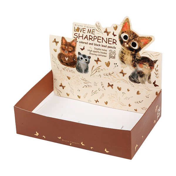 Точилка 2 отв. С КОНТЕЙНЕРОМ "Love me.Котики приносят счастье" (2 ВИДА)