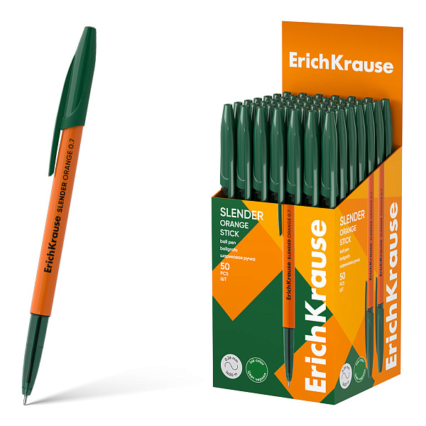 Ручка шариковая ErichKrause Slender Stick Orange 0.7, Super Glide Technology, цвет чернил зеленый (в