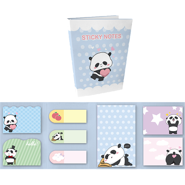 Набор клейкой бумаги для заметок "deVENTE. Panda on the blue" 20x56 мм, 40x56 мм и 56x90 мм, 8x20 листов, офсет 80 г/м², печать 4+0, ассорти форм, 8 дизайнов, в картонном блистере и пластиковом пакете с европодвесом