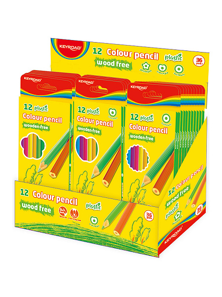 Карандаши 12 цв. KEYROAD пластиковые картонный футляр, ассорти
