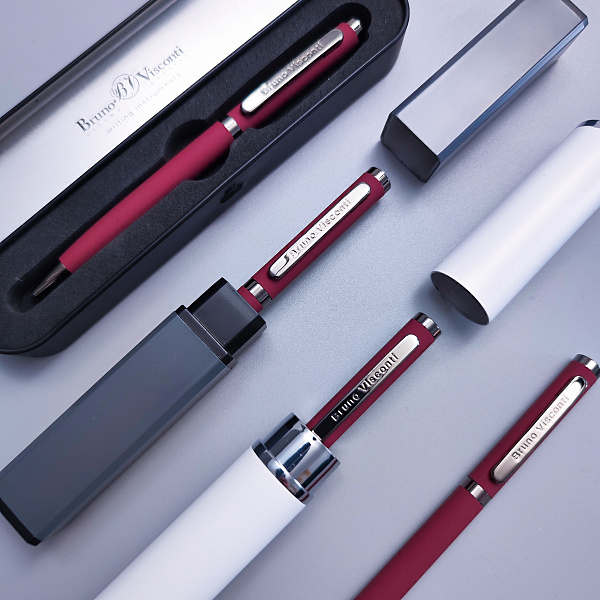 Ручка "FIRENZE" в тубусе прямоугольной формы 1.00 ММ, СИНЯЯ (корпус красный, футляр серый)