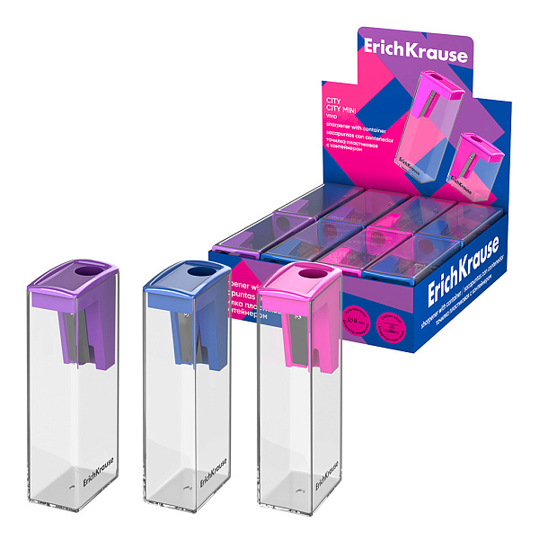 Точилка ErichKrause City, Vivid, с контейнером, ассорти, пластиковая 
